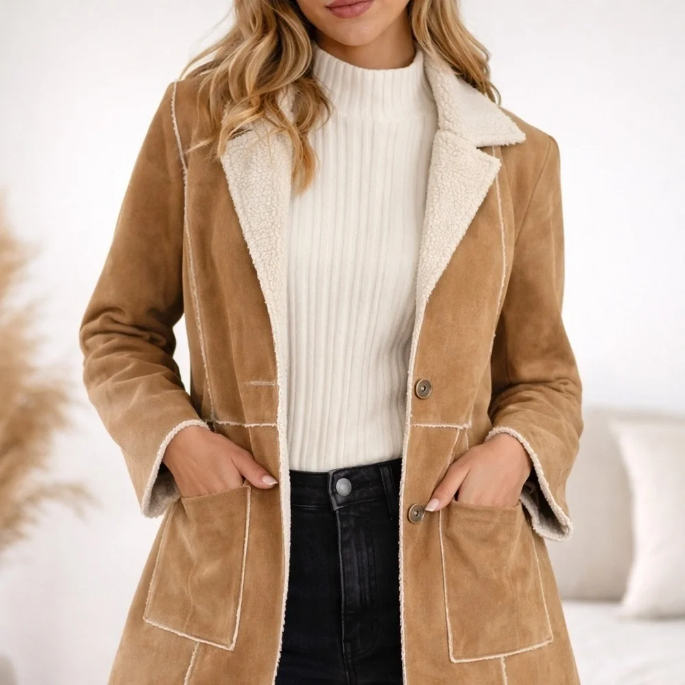 CAbi Style 932 Faux Suede Shearling Jacket Camel Tan XS